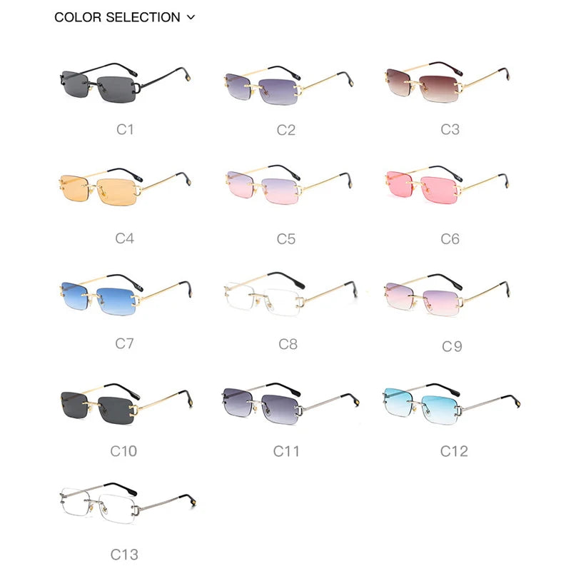 HBK New Luxury Classy Square Sunglasses Men Rimless Alloy Fashion Vintage Retro Small Rectangle Glasses Blue Custom Logo UV400