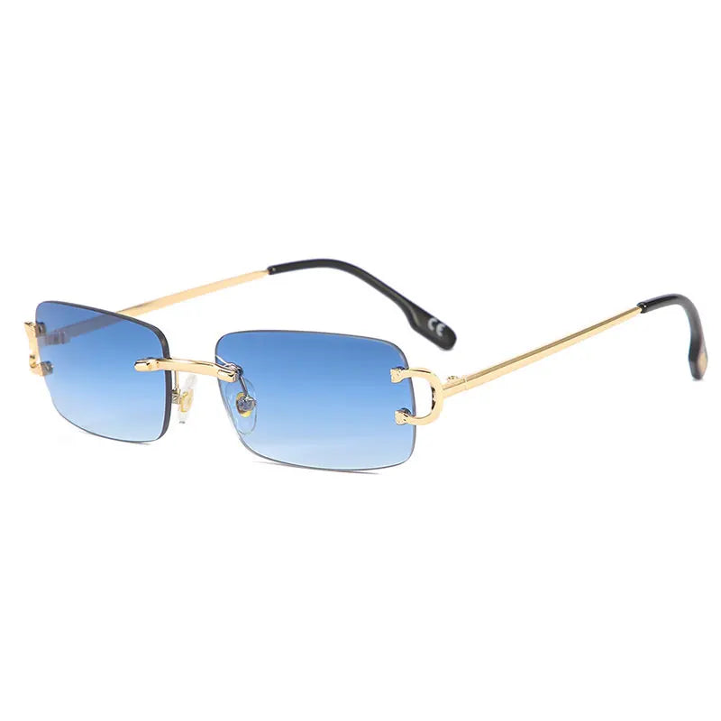HBK New Luxury Classy Square Sunglasses Men Rimless Alloy Fashion Vintage Retro Small Rectangle Glasses Blue Custom Logo UV400